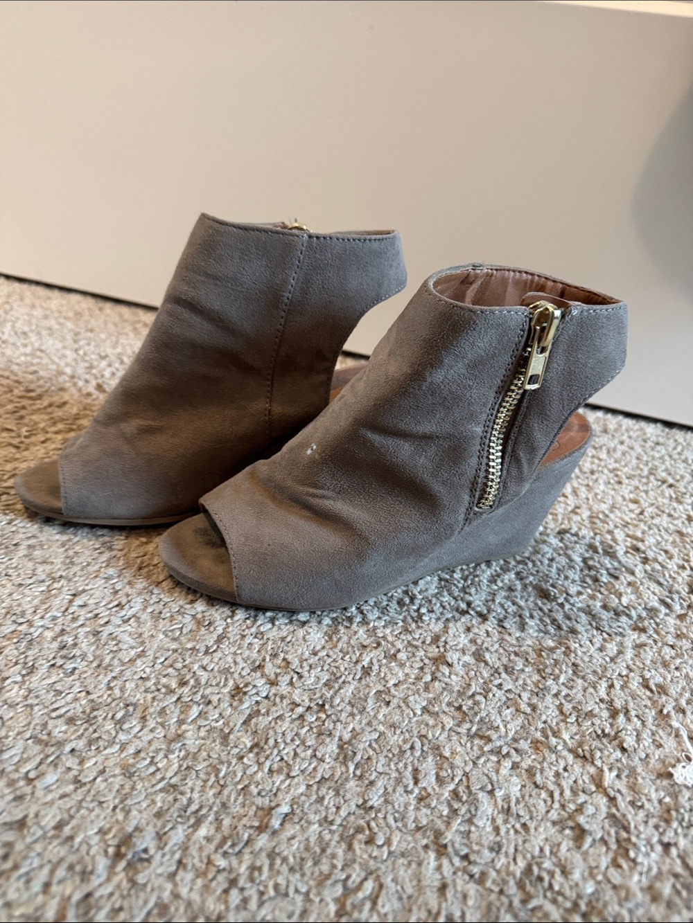 Women's Gray Suede Peep-Toe Wedge Booties with Side Zip